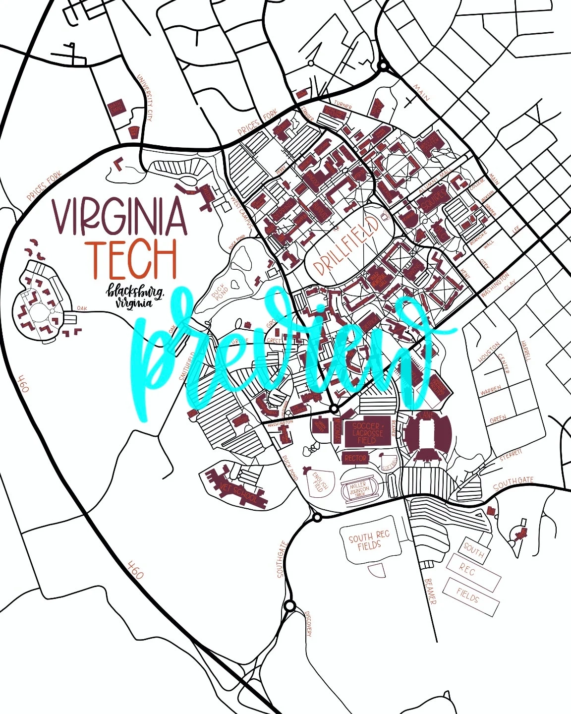 Virginia Tech Campus Map Etsy Virginia Tech Campus Map Etsy