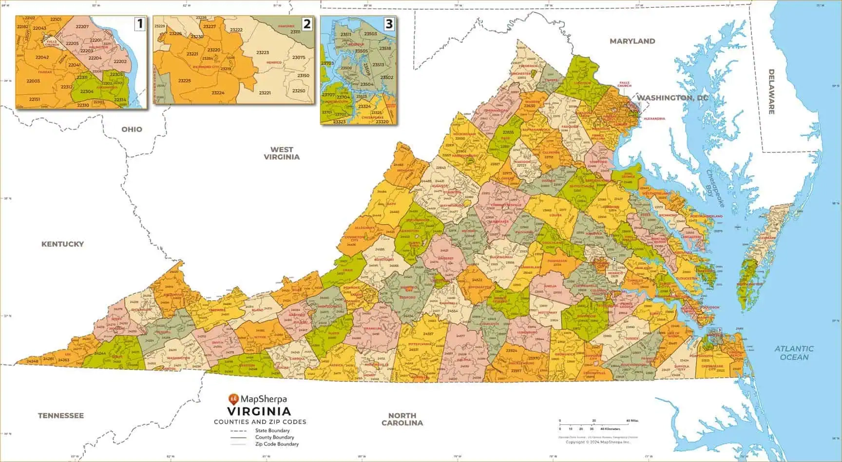 Virginia Zip Codes With Counties Wall Map By MapSherpa The Map Shop
