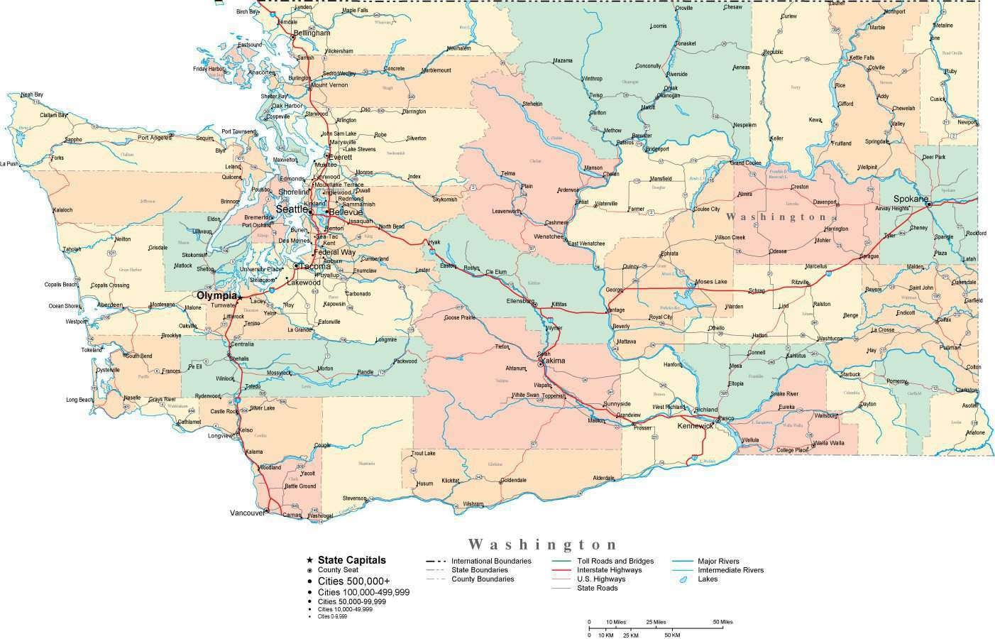 Washington Digital Vector Map With Counties Major Cities Roads Rivers Lakes Washington Digital Vector Map With Counties Major Cities Roads Rivers Lakes