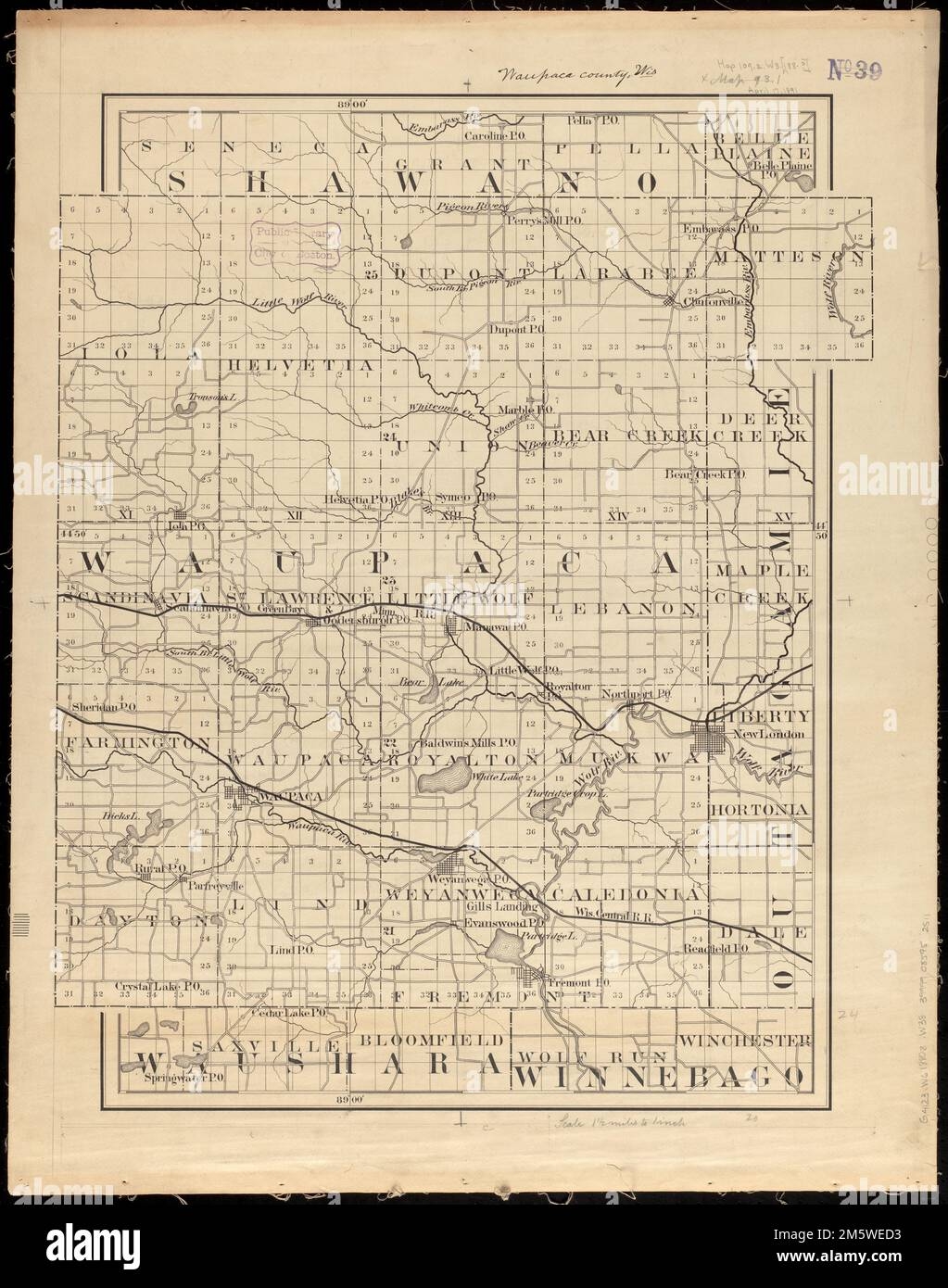 Waupaca County Wis Manuscript Title In Ink In Upper Margin Manuscript Map In Pen And Ink Part Of A Set Of Manuscript Maps Of Wisconsin Counties Shows Townships And Sections Rivers Railroads 