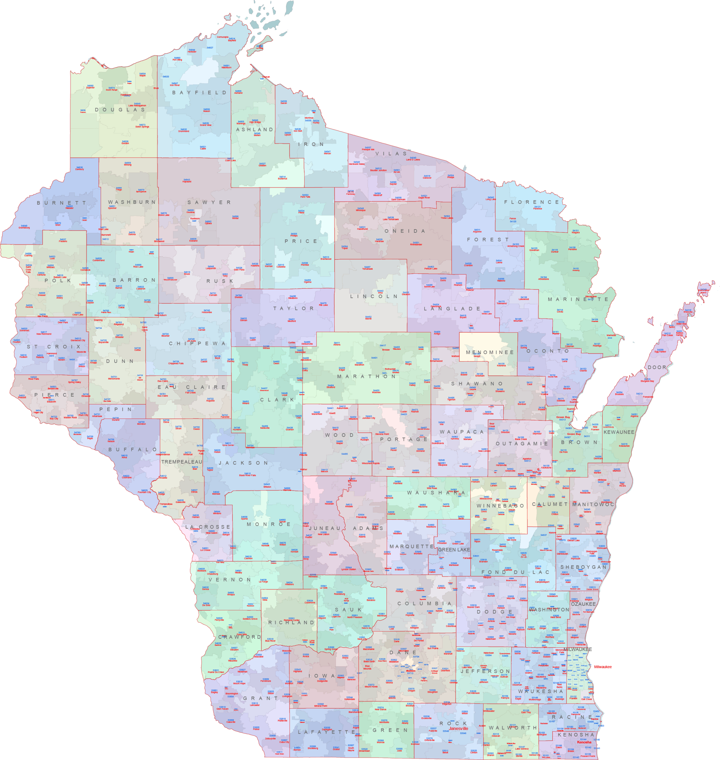 WI ZIP Codes With Cities And Counties Your vector maps WI ZIP Codes With Cities And Counties Your vector maps