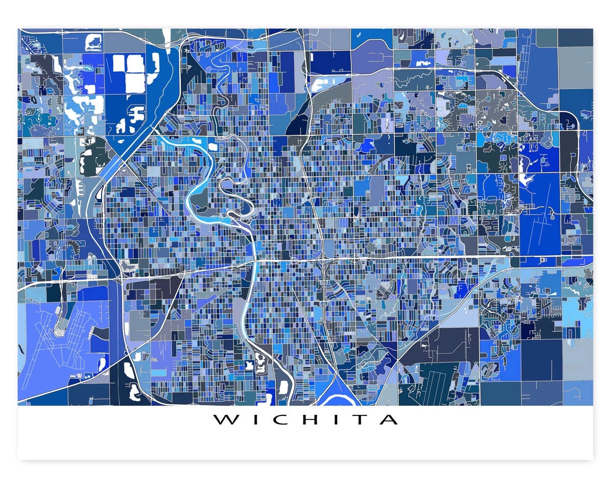 Wichita Kansas City Street Map Wall Art Print Poster With Blue Geometr Maps As Art