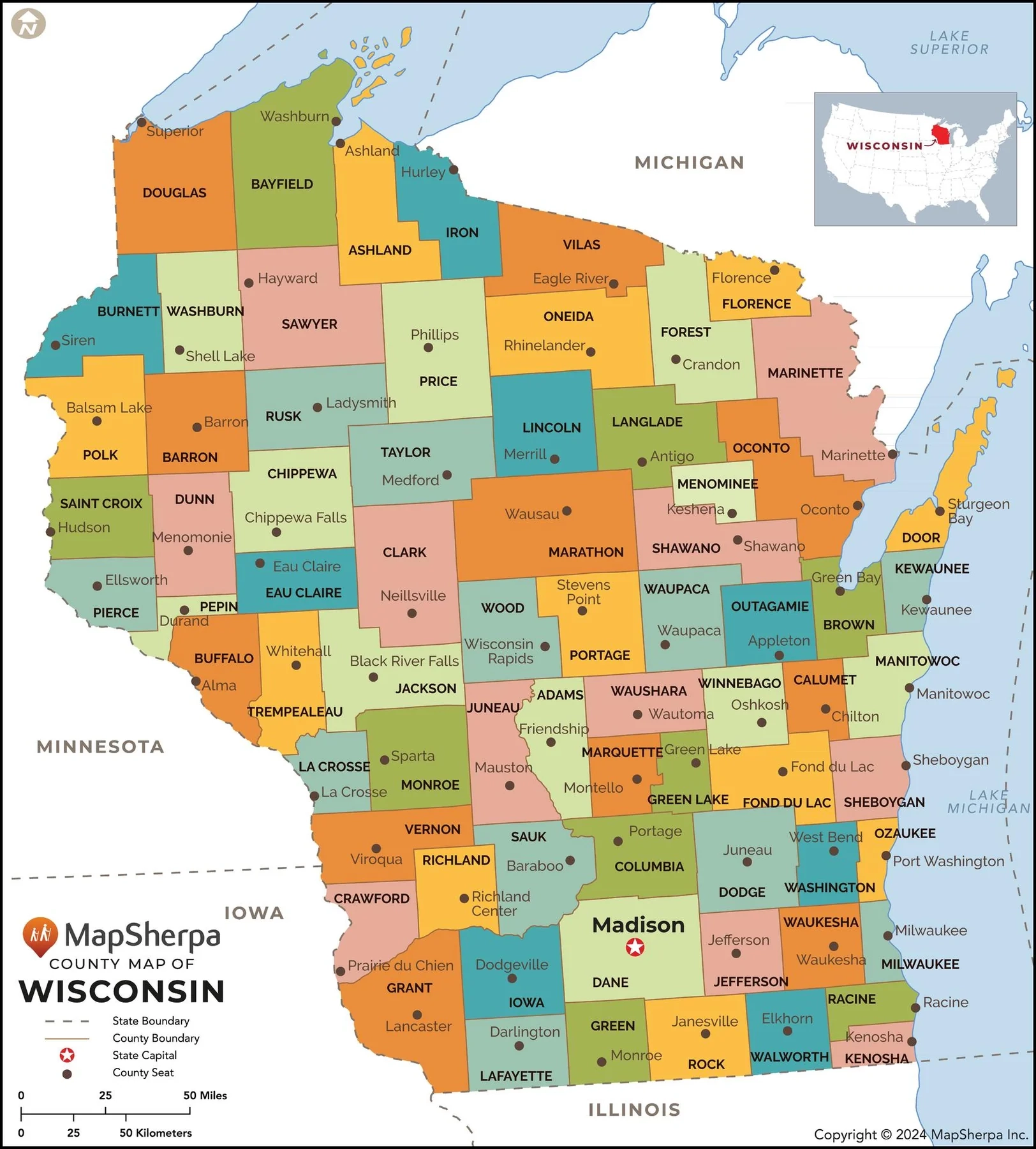 Wisconsin Counties Map American Map Store