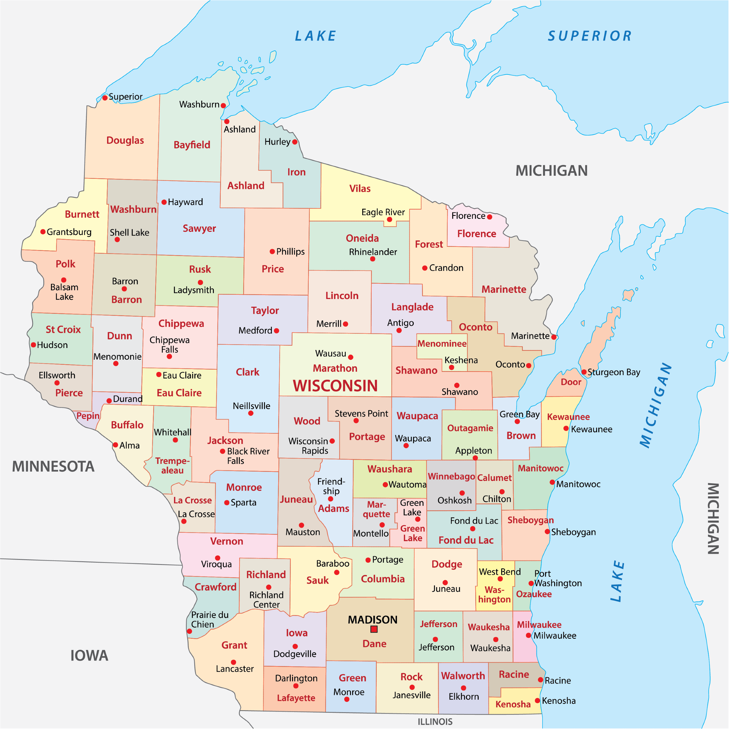 wisconsin county map with cities