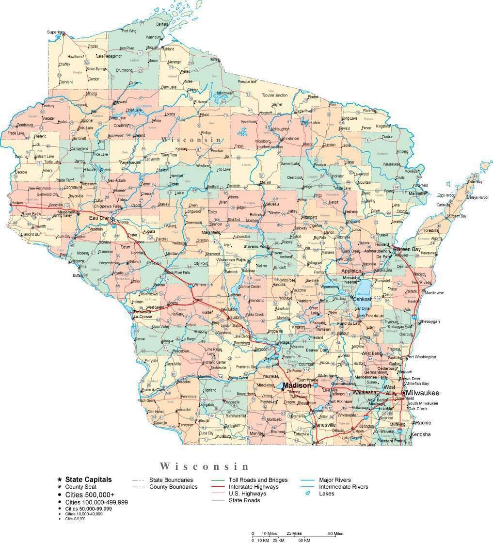 Wisconsin Digital Vector Map With Counties Major Cities Roads Rivers Lakes