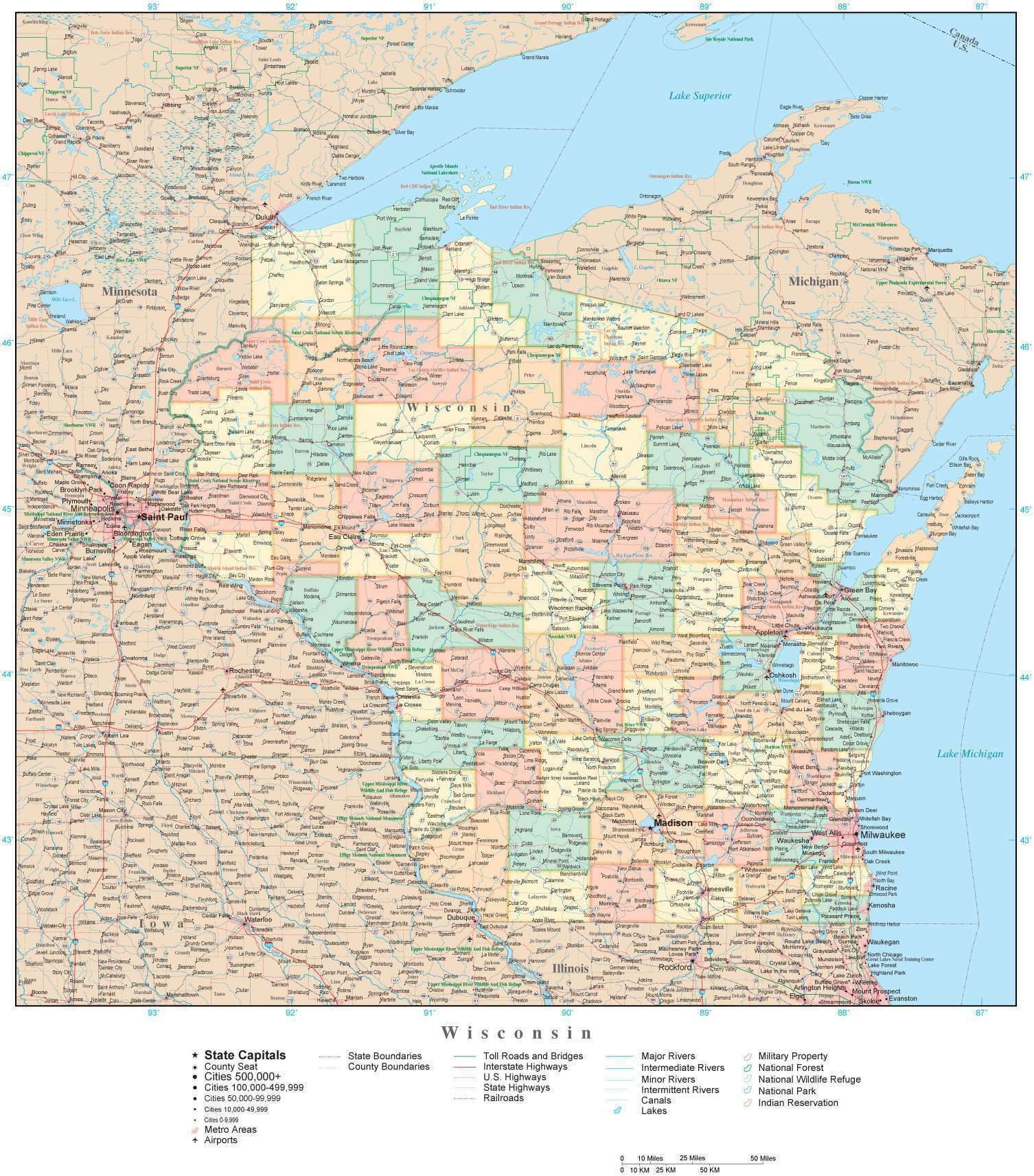 Wisconsin State Map In Adobe Illustrator Vector Format Detailed Editable Map From Map Resources 