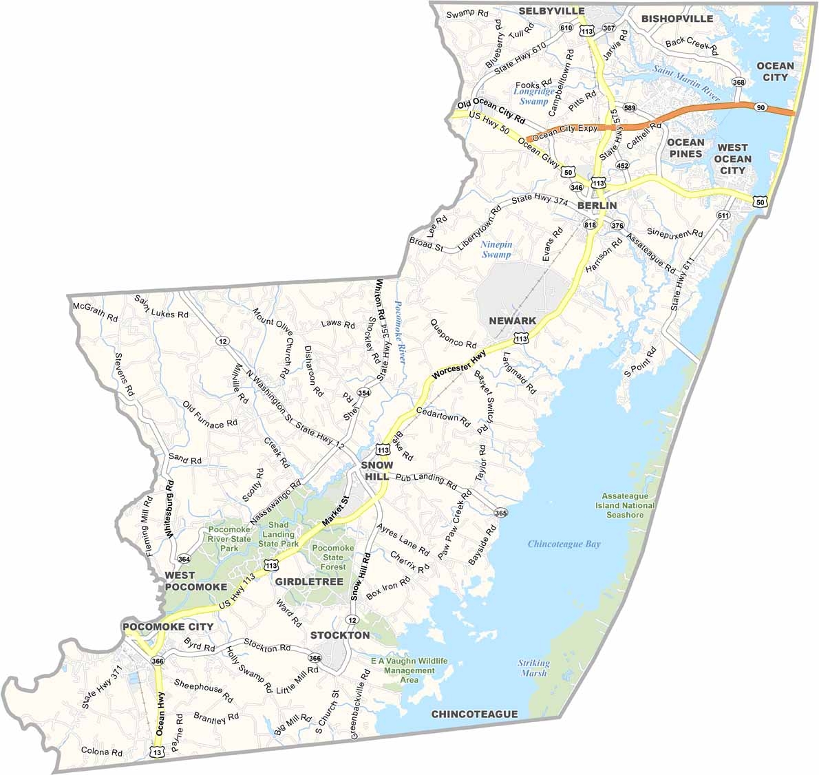 Worcester County Map Maryland US County Maps Worcester County Map Maryland US County Maps