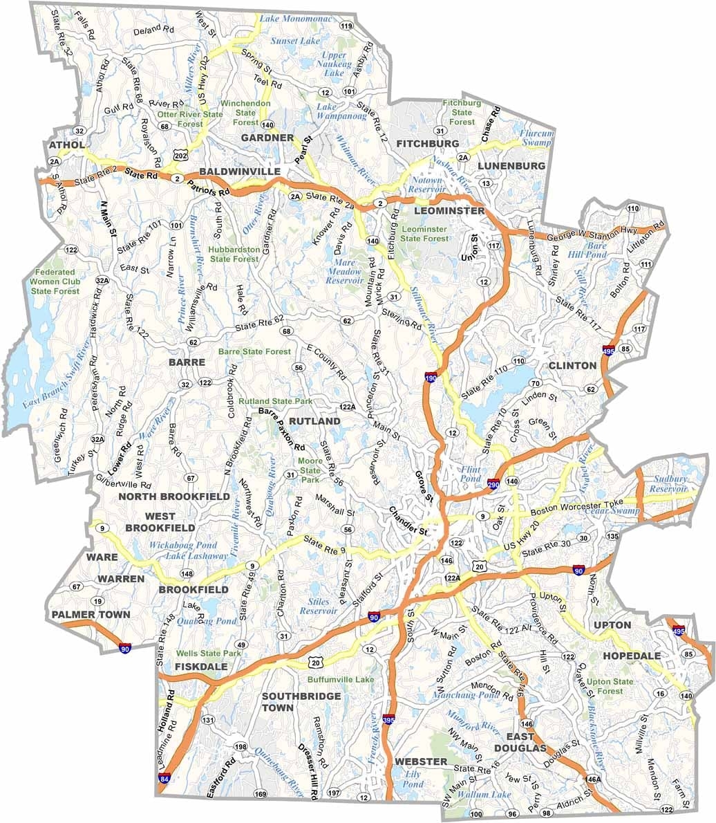 Worcester County Map Massachusetts US County Maps Worcester County Map Massachusetts US County Maps