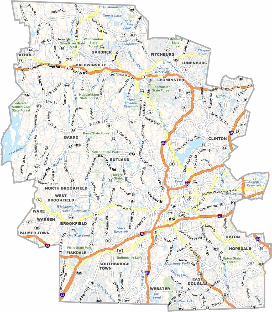 Worcester County Map Massachusetts US County Maps Worcester County Map Massachusetts US County Maps