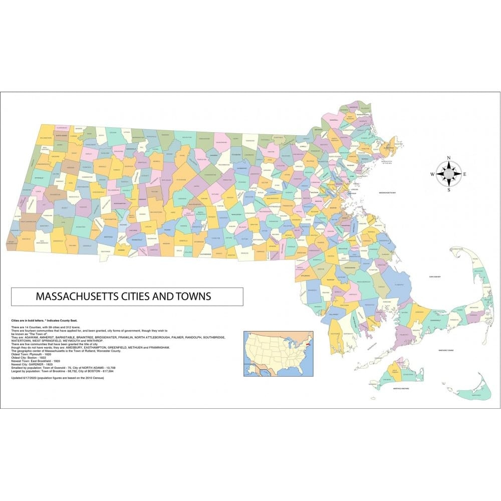 Amazon 36 x24 Map Of Massachusetts Cities Towns And County Seats Laminated 