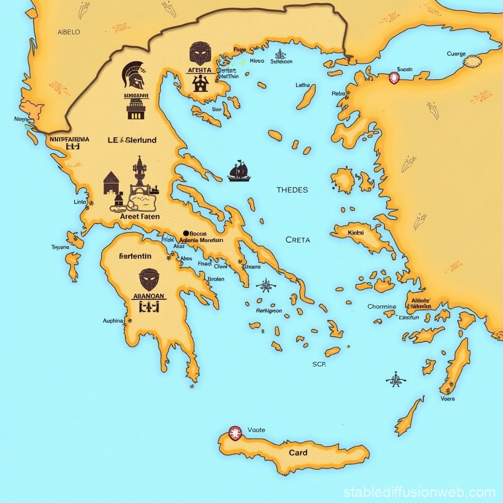 Ancient Greece Map With City States And Iconic Illustrations Stable Diffusion Online