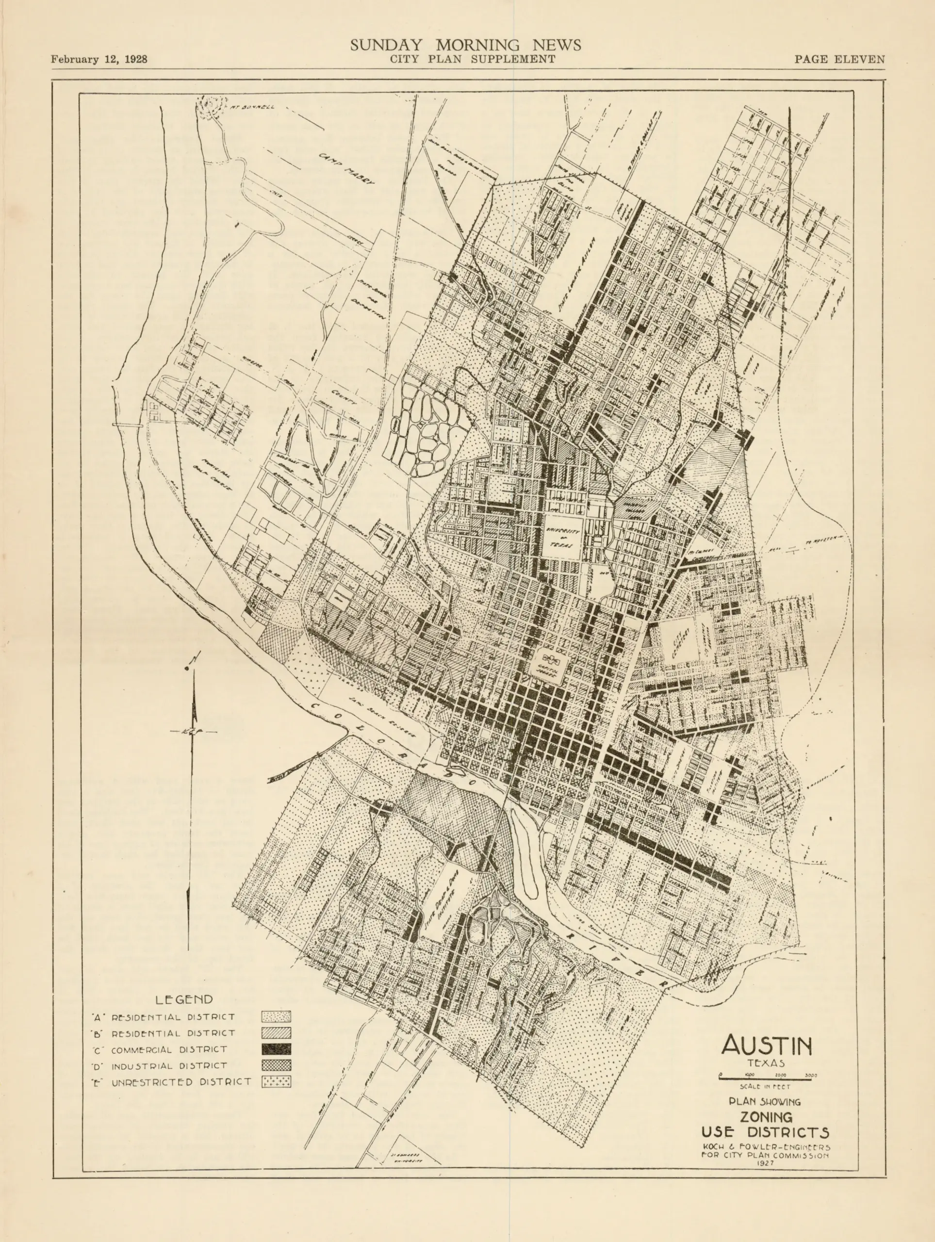 Austin Texas Plan Showing Zoning Use Districts Koch Fowler 1927 The Antiquarium Antique Maps Quality Custom Picture Framing