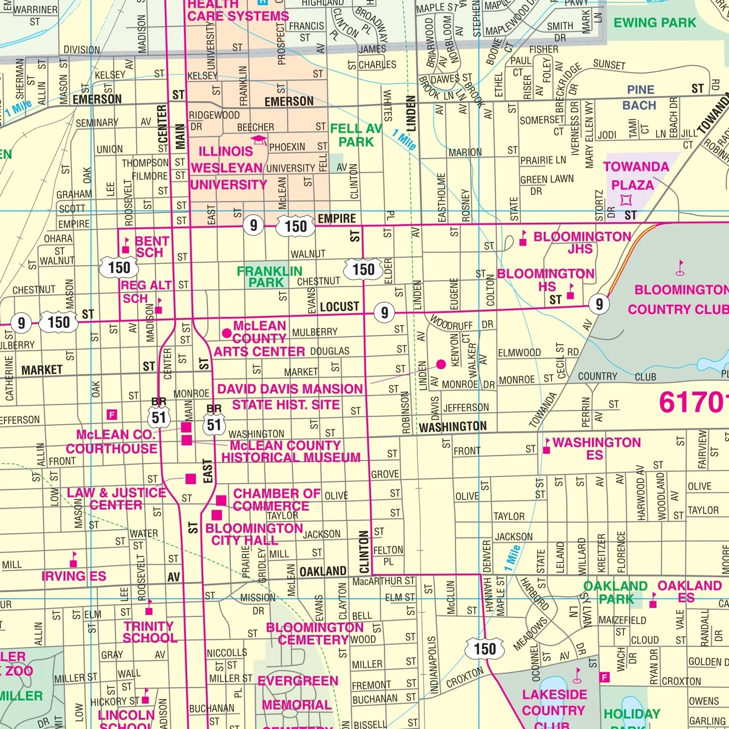 Bloomington IL Wall Map Shop City County Maps Ultimate Globes