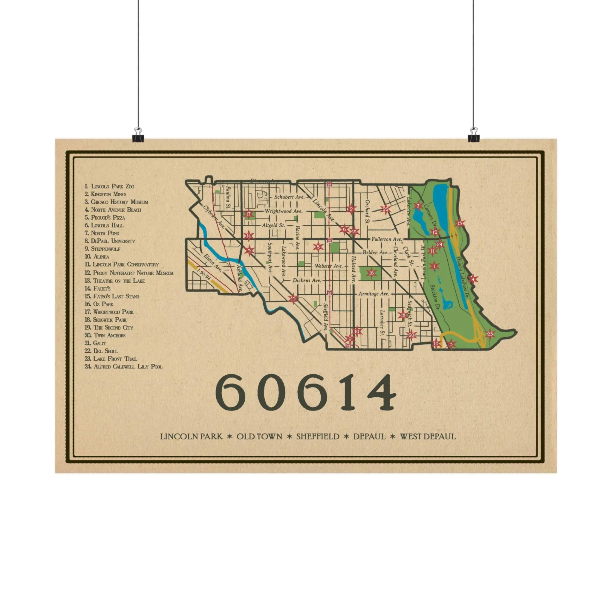 Chicago 60614 Zipcode 2025 Street Map Poster Lincoln Park Old Town Sheffield Depaul West Depaul Vintage Style Etsy