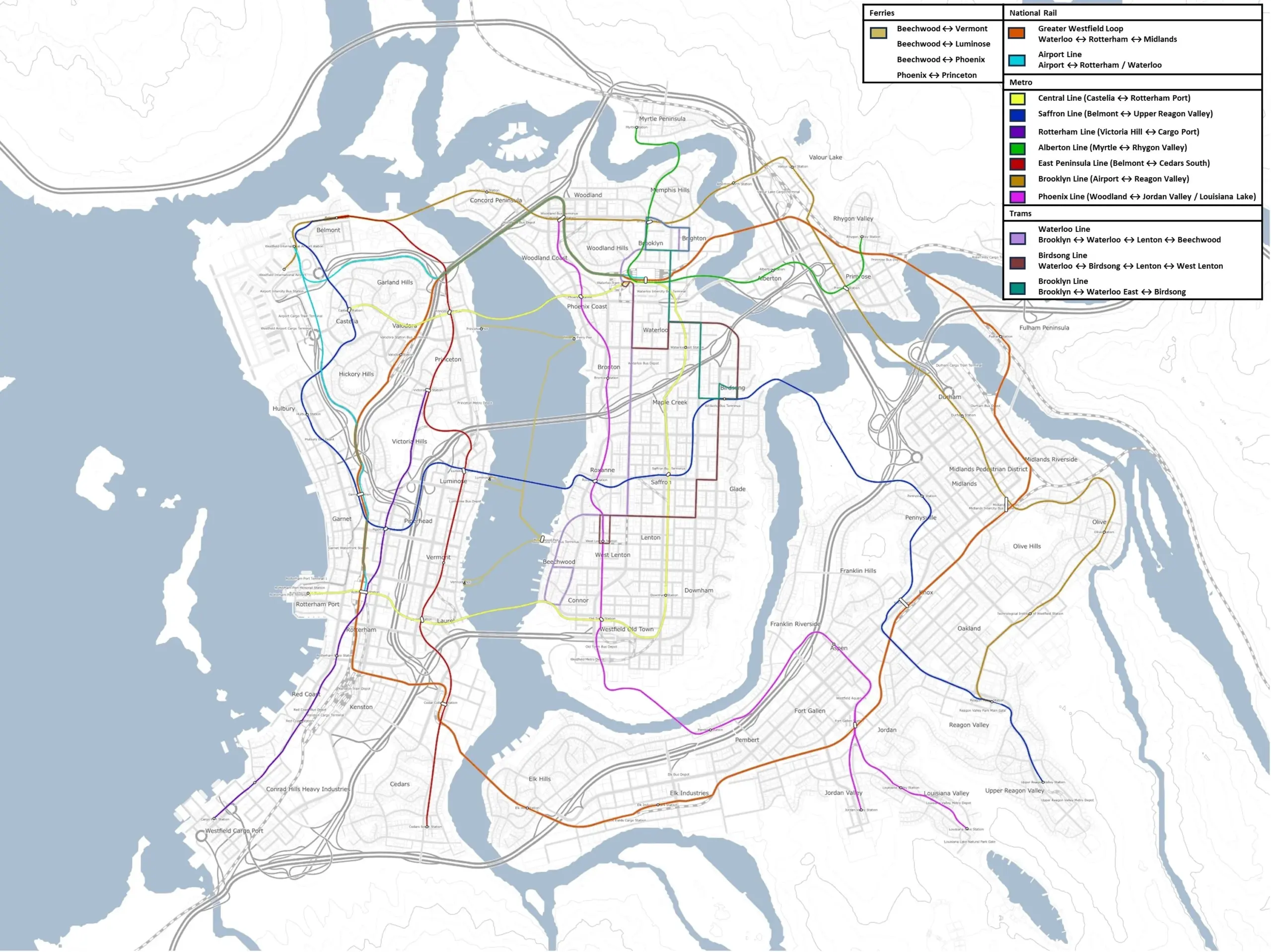 City And Transit Map Of The Last City I ll Probably Finish Building Before CS 2 Pop 400k with Realistic Population Transport Usage 15k Per Week R CitiesSkylines