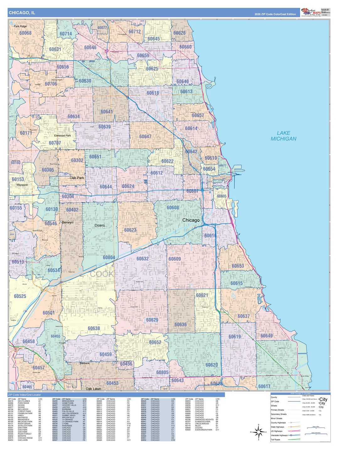 Color Cast Zip Code Style Wall Map Of Chicago IL American Map Store