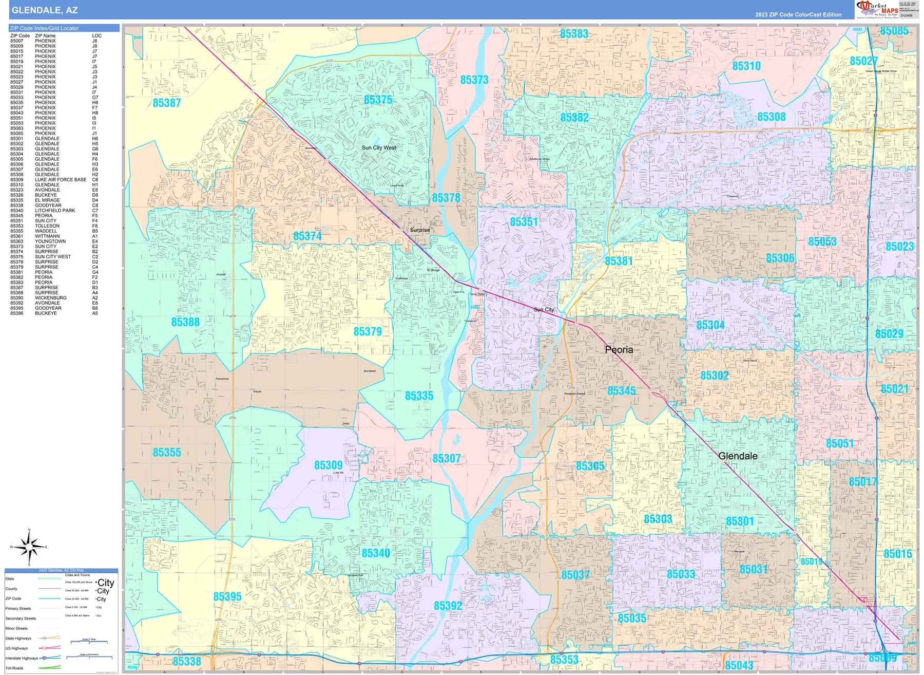 Color Cast Zip Code Style Wall Map Of Glendale AZ American Map Store
