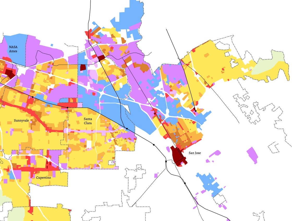 Continuing On The Bay Area Summarized Zoning Map Here s Part Of San Jose The Downtown Is About 1 3 The Size Of San Francisco s Downtown Potential For A Lot More Along The Light Continuing On The Bay Area Summarized Zoning Map Here s Part Of San Jose The Downtown Is About 1 3 The Size Of San Francisco s Downtown Potential For A Lot More Along The Light