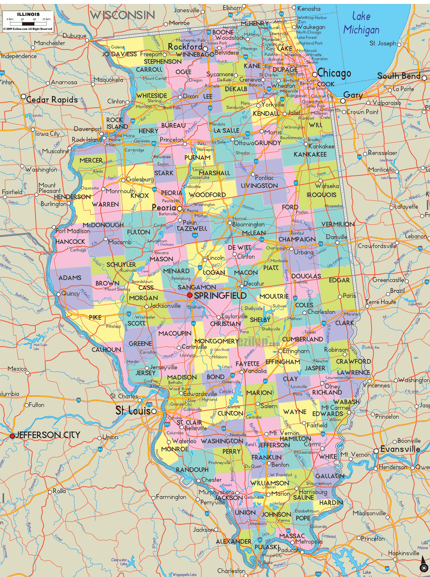 Detailed Map Of Illinois With Cities Counties And Roads Ezilon Maps