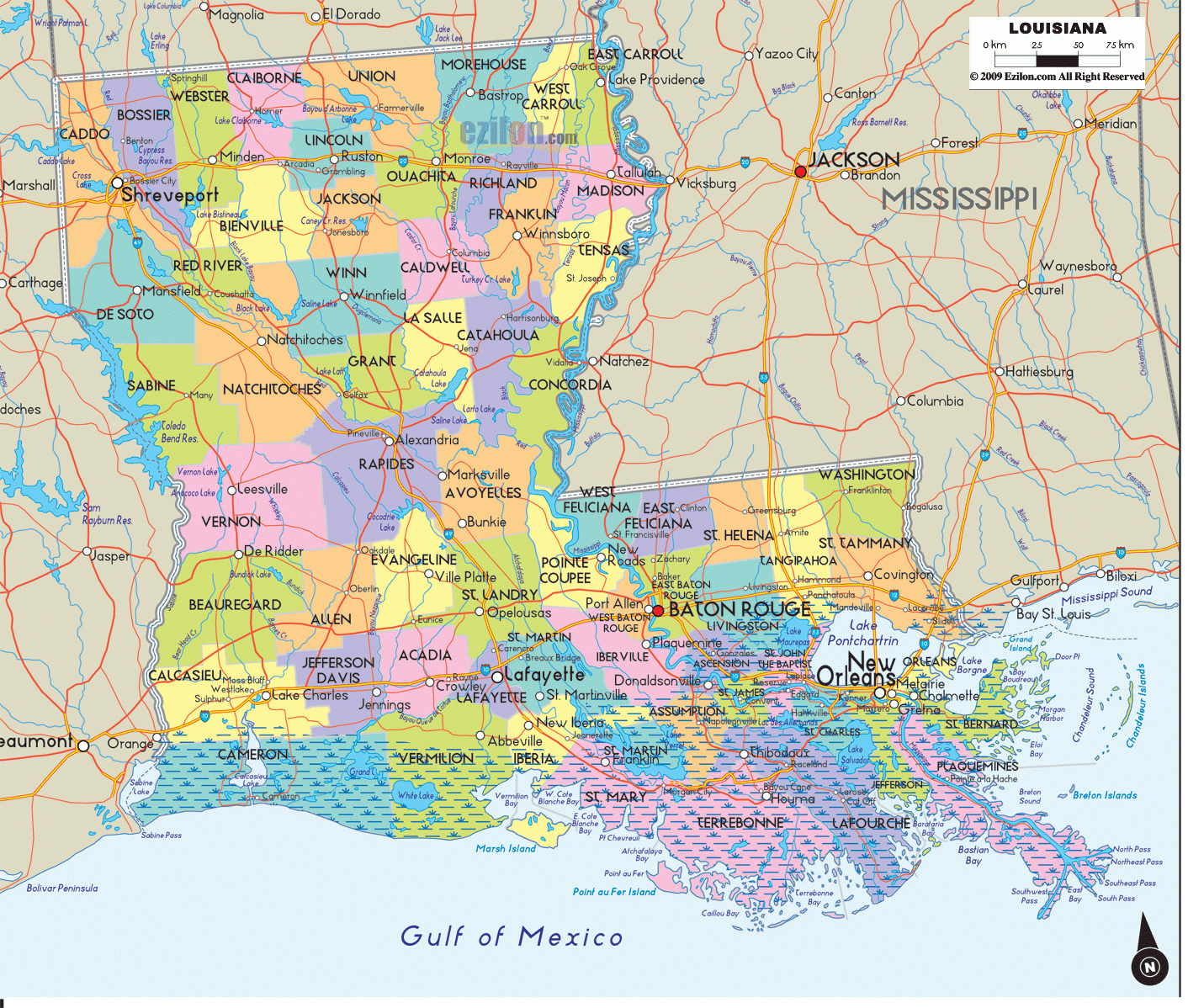 Detailed Map Of Louisiana With Cities Parishes And Roads Ezilon Maps