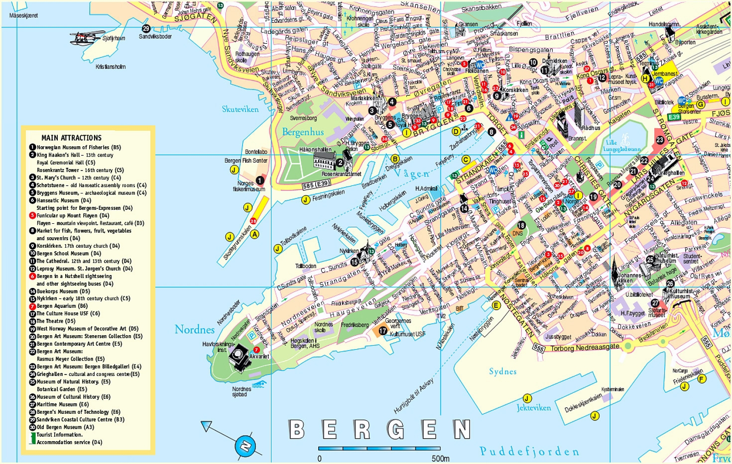 Detailed Tourist Map Of Bergen City Norway Bergen City Detailed Tourist Map Norway Vidiani Maps Of All Countries In One Place