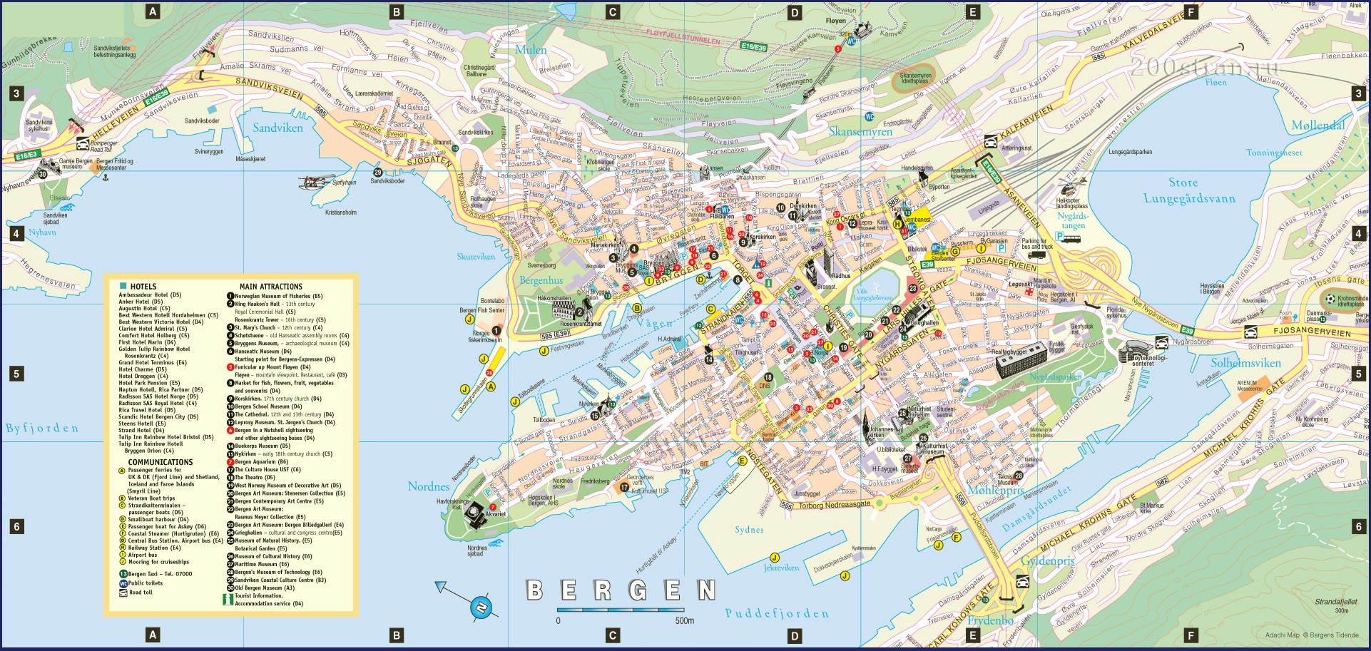 Detailed Tourist Map Of Bergen City With Hotels Bergen City Detailed Tourist Map With Hotels Vidiani Maps Of All Countries In One Place