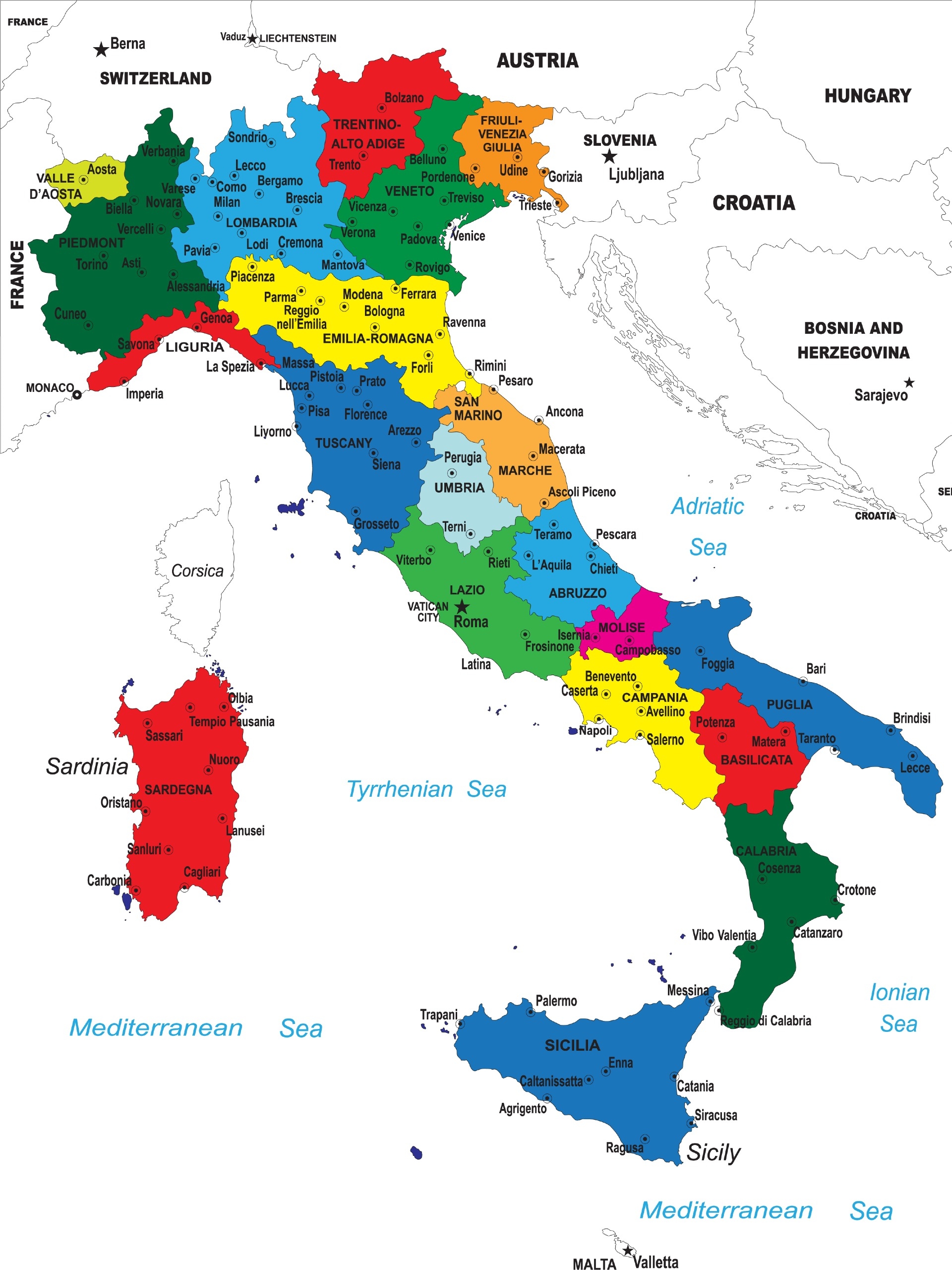 italy map with cities and towns
