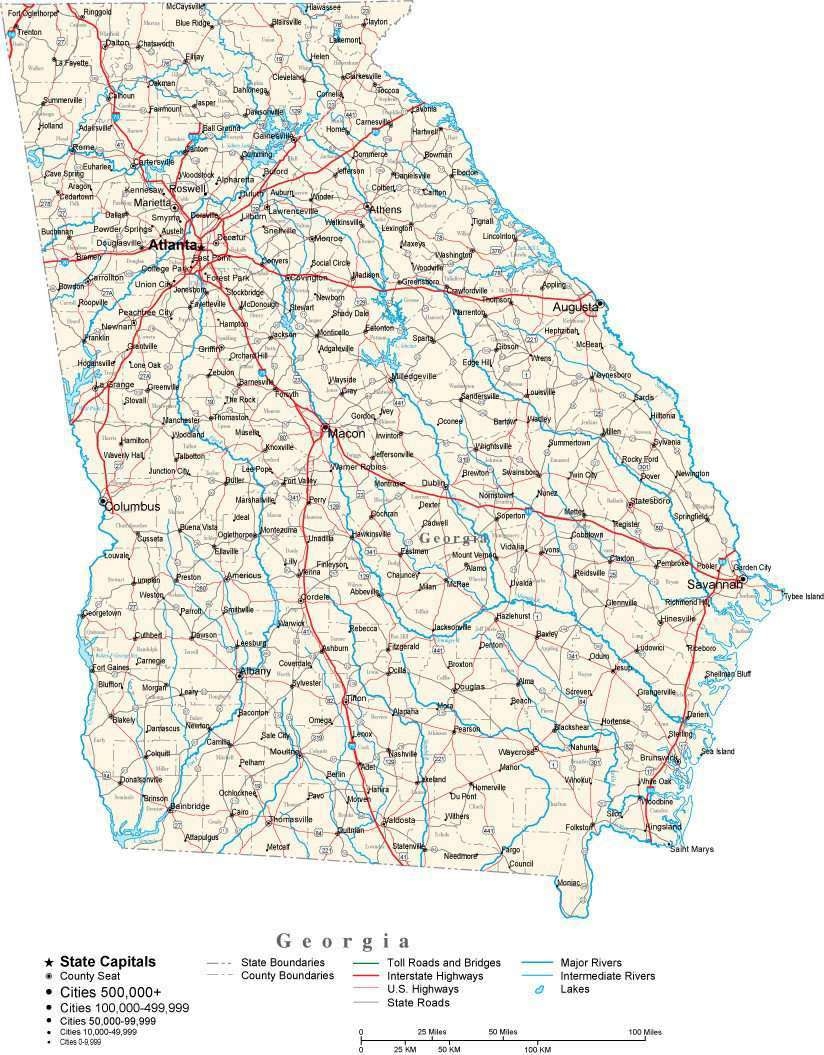 Georgia With Capital Counties Cities Roads Rivers Lakes Georgia With Capital Counties Cities Roads Rivers Lakes
