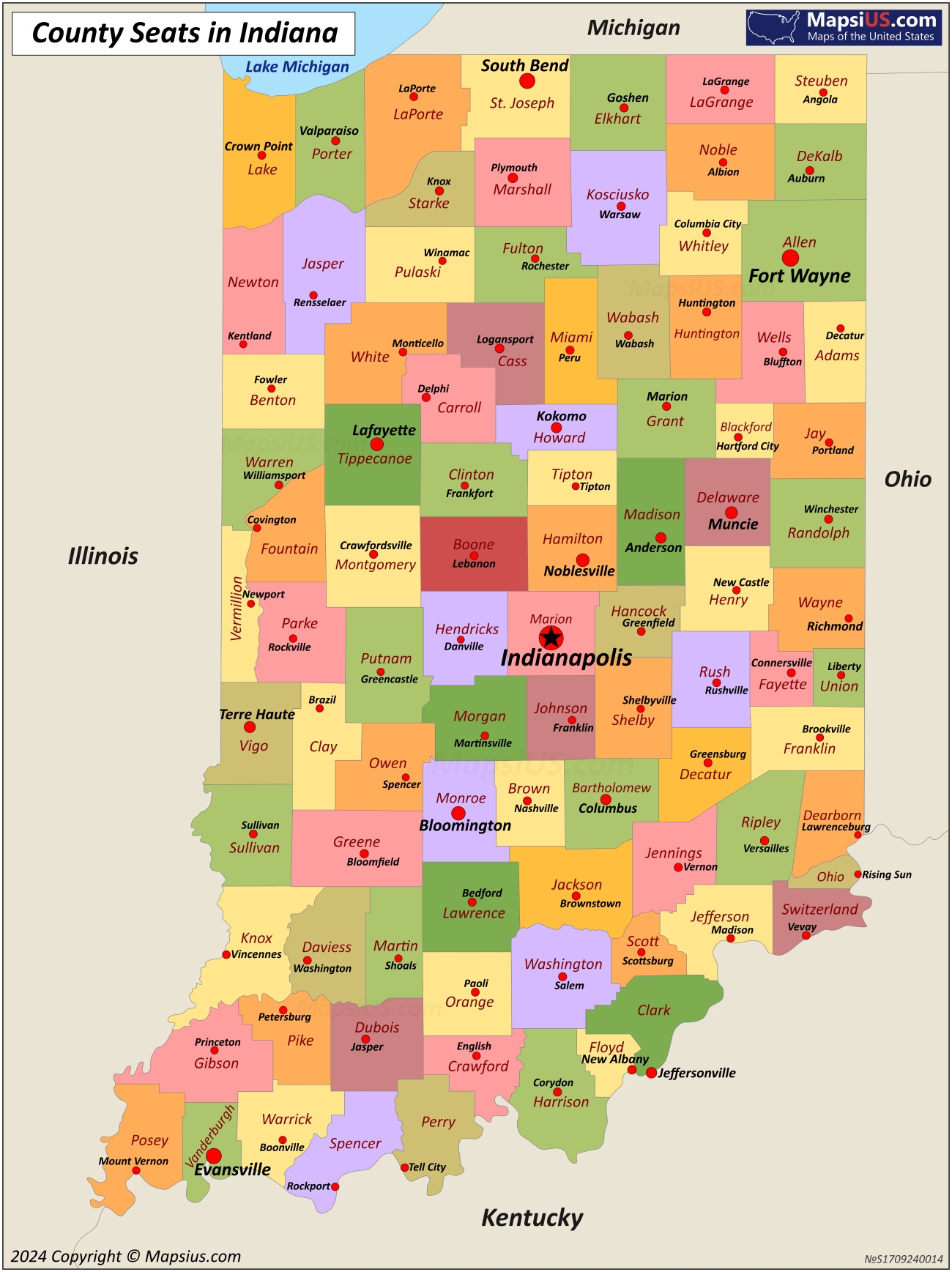 indiana city map with county