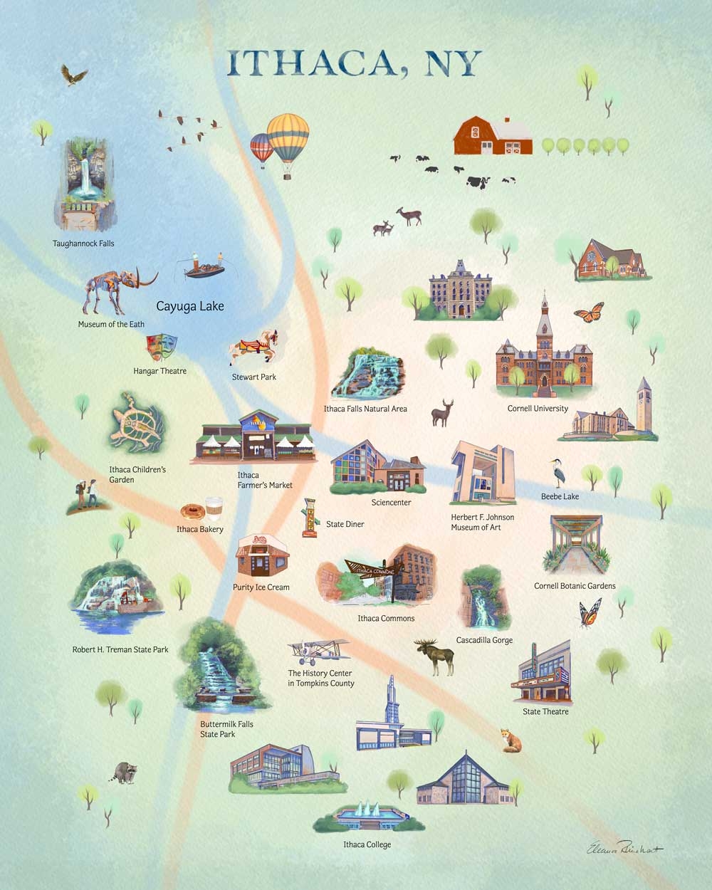 Ithaca NY City Map Summer Fine Art Print Lake Town Love Ithaca NY City Map Summer Fine Art Print Lake Town Love
