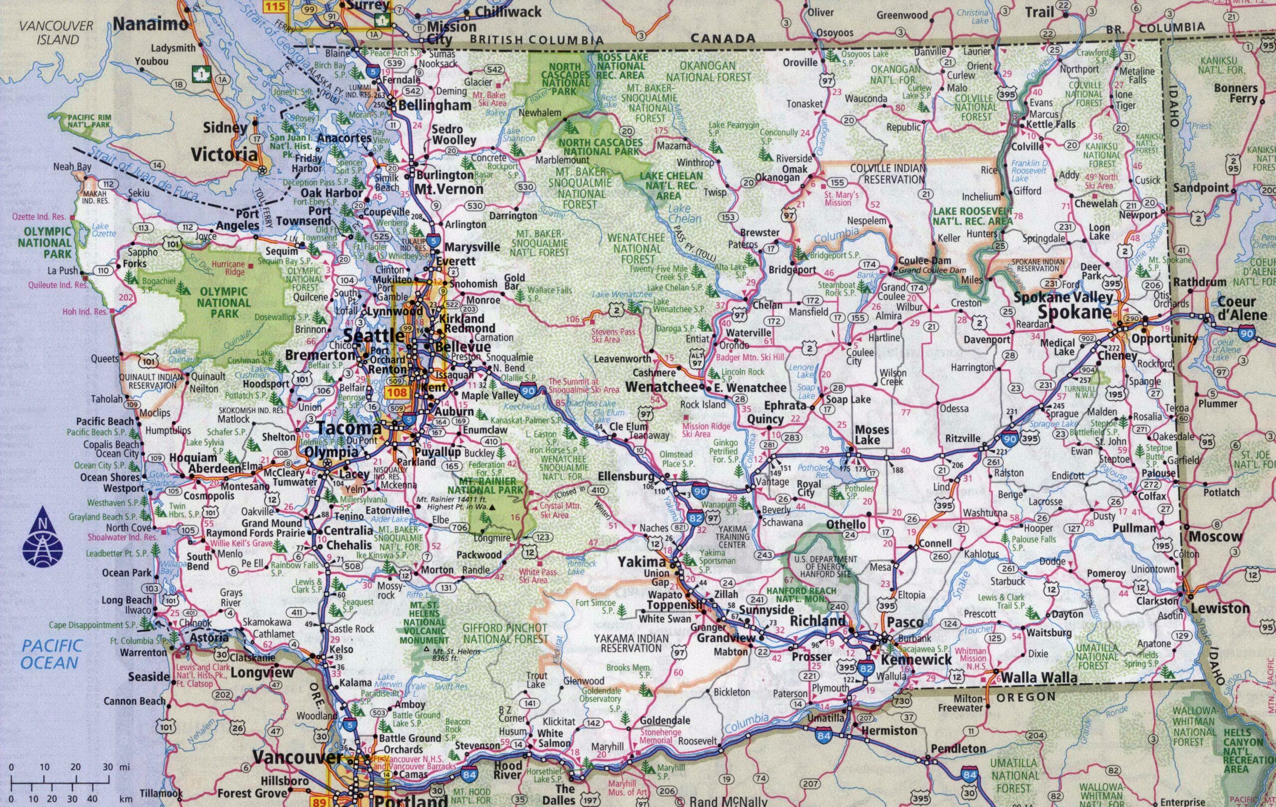 Large Detailed Roads And Highways Map Of Washington State With All Cities Vidiani Maps Of All Countries In One Place