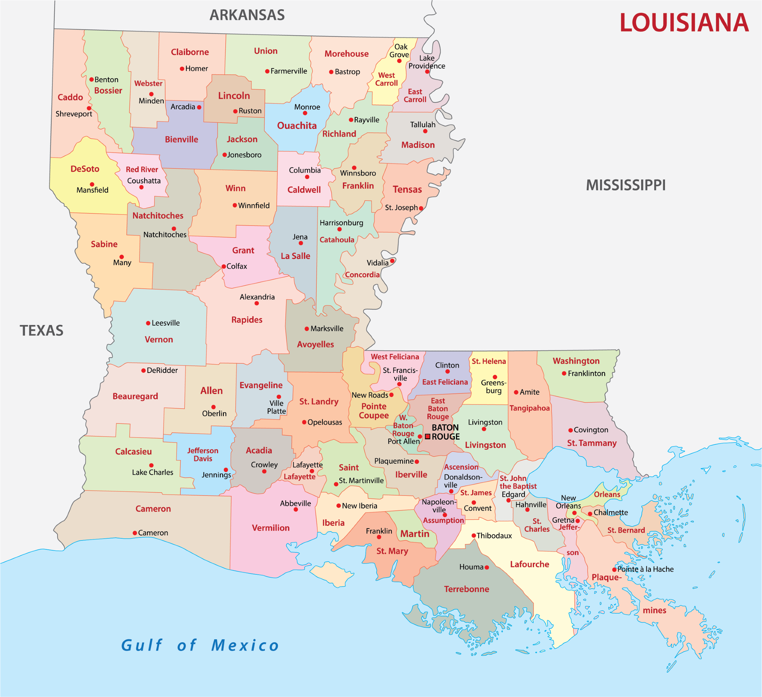louisiana parish map with cities