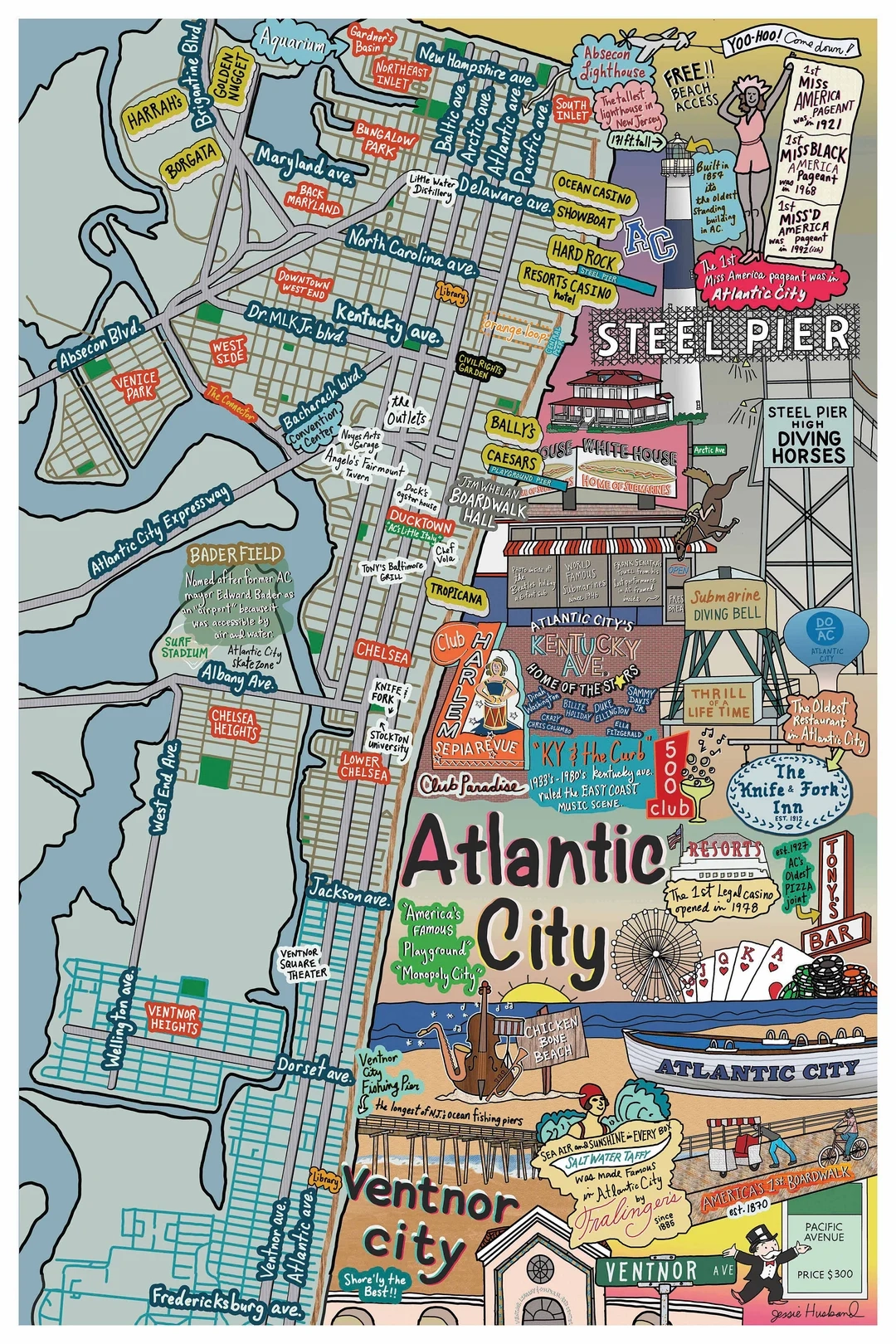 Map Of Atlantic City Ventnor City New Jersey Beach Town NJ Beaches customization And Framing Options Etsy