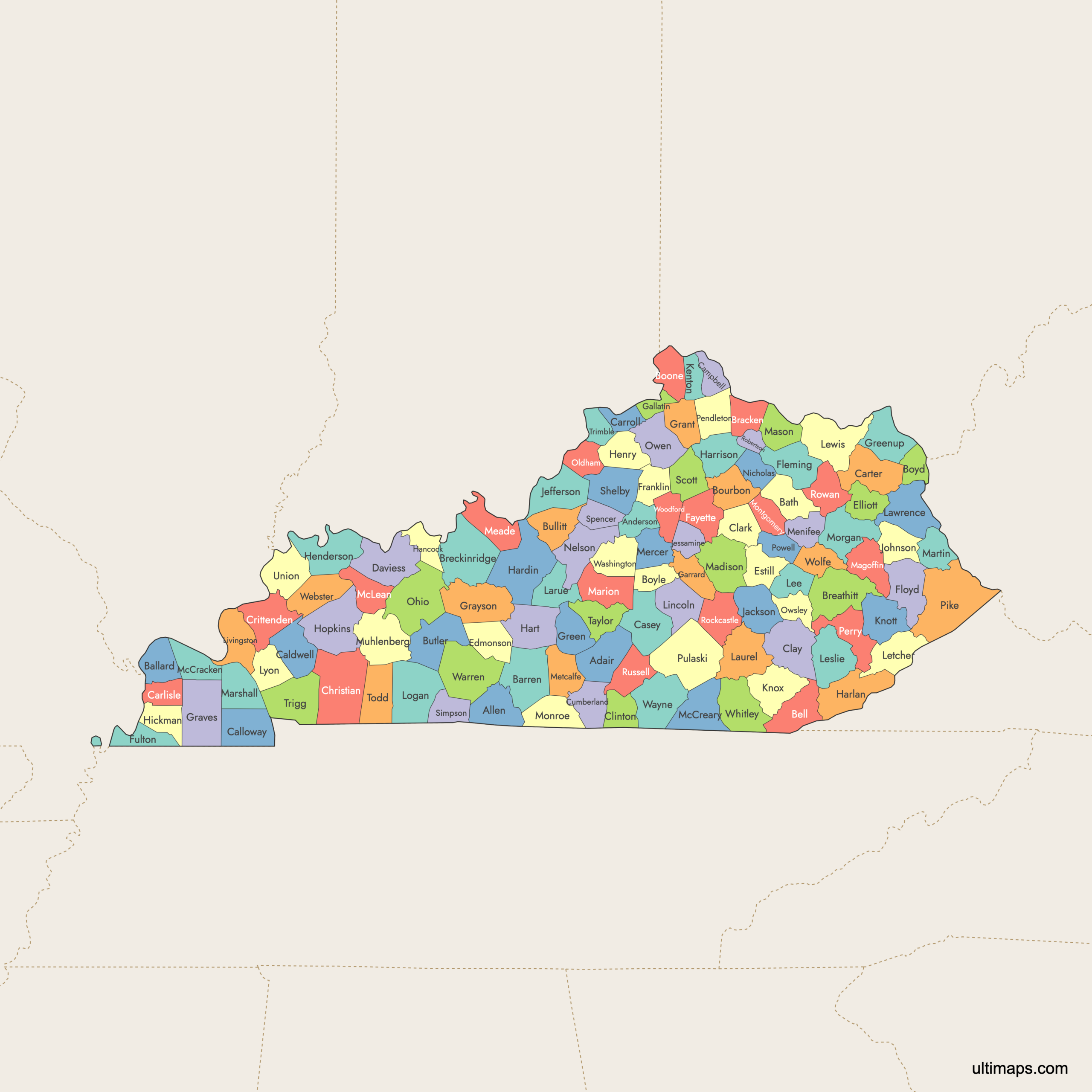 ky map with cities and counties
