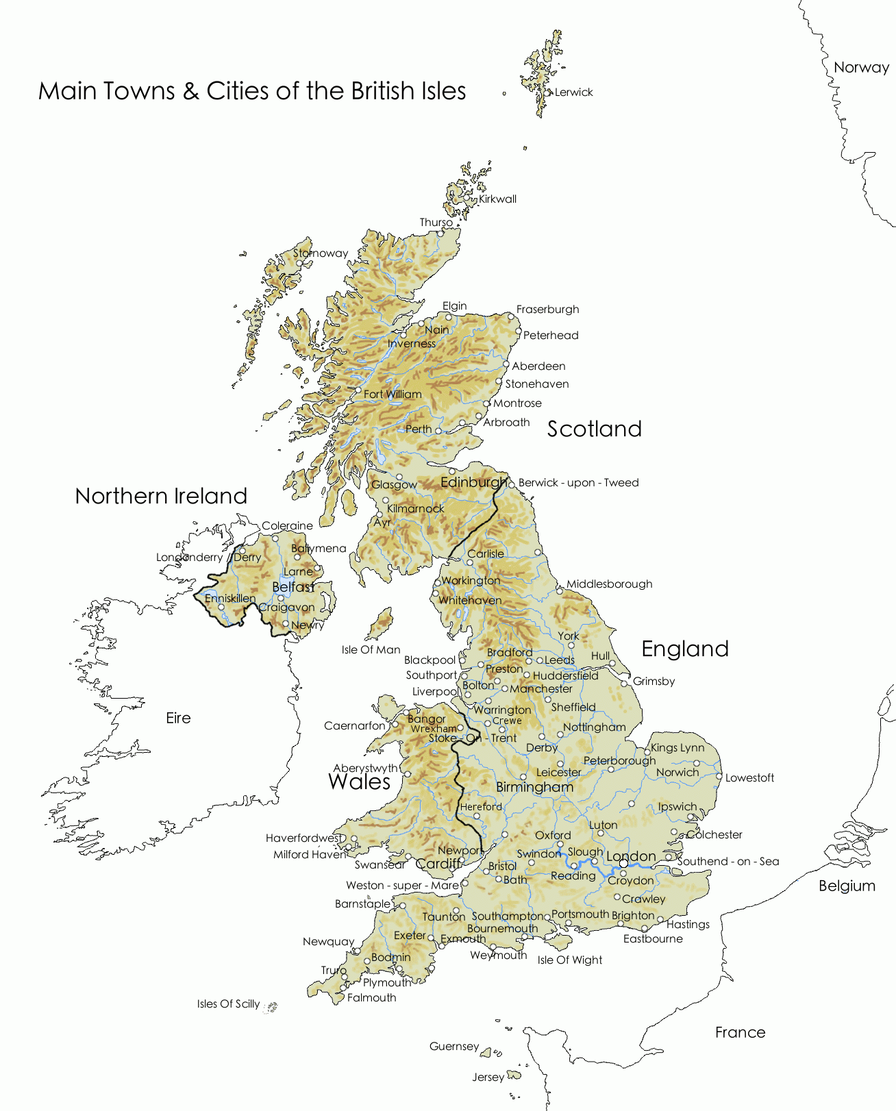 Map Of Major Towns Cities In The British Isles Britain Visitor Travel Guide To Britain