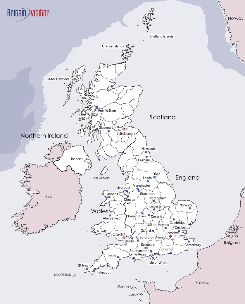 Map Of Major Towns Cities In The British Isles Britain Visitor Travel Guide To Britain