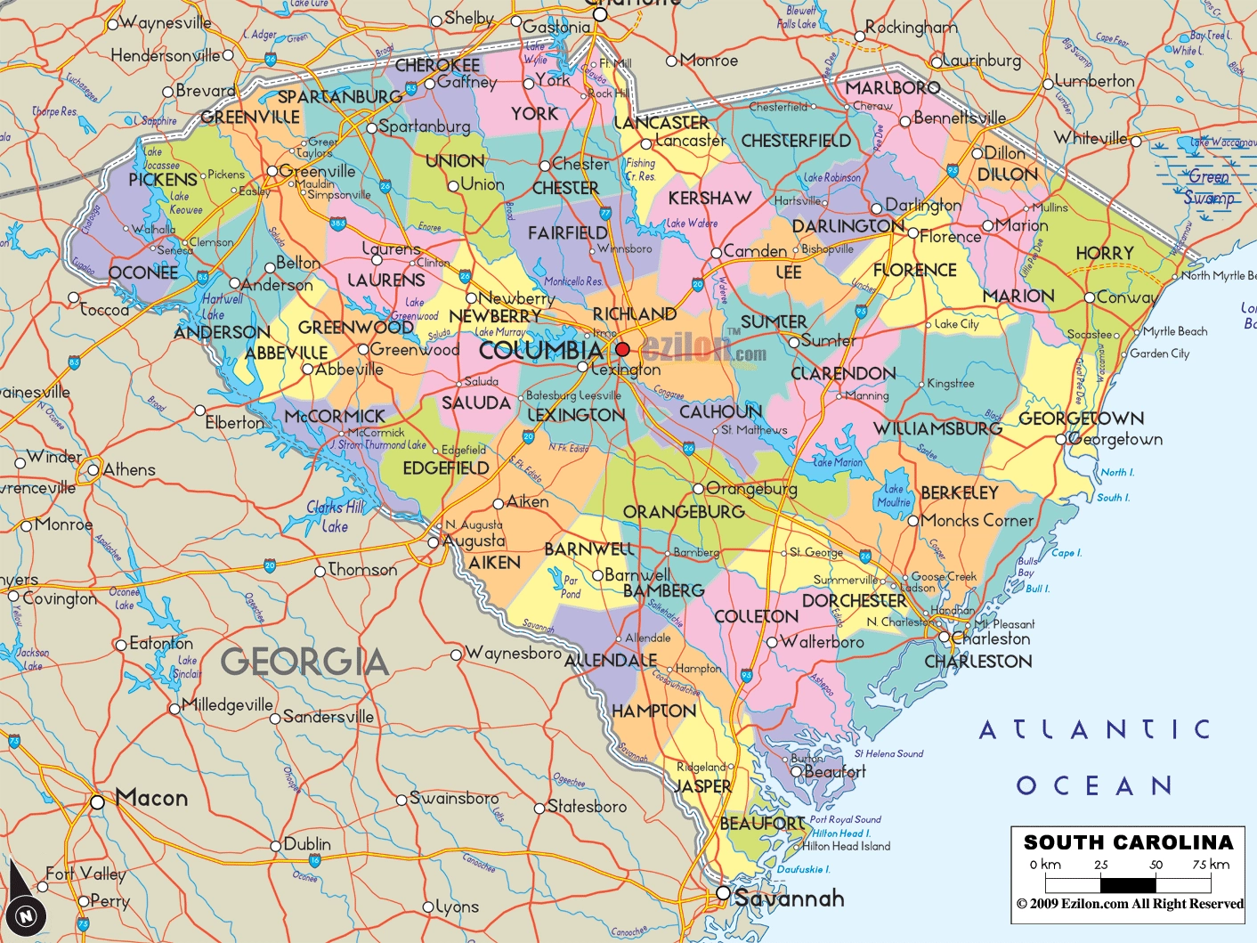 Map Of South Carolina Detailed South Carolina Map With Cities Counties And Roads Ezilon Maps