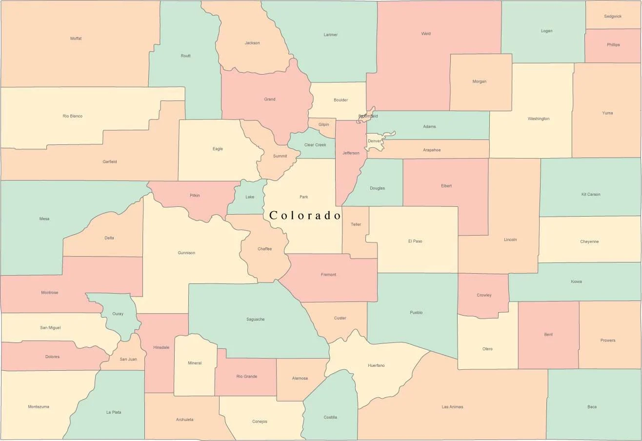 Multi Color Colorado Map With Counties And County Names Multi Color Colorado Map With Counties And County Names