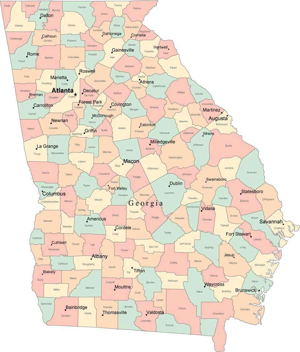 Multi Color Georgia Map With Counties Capitals And Major Cities Multi Color Georgia Map With Counties Capitals And Major Cities