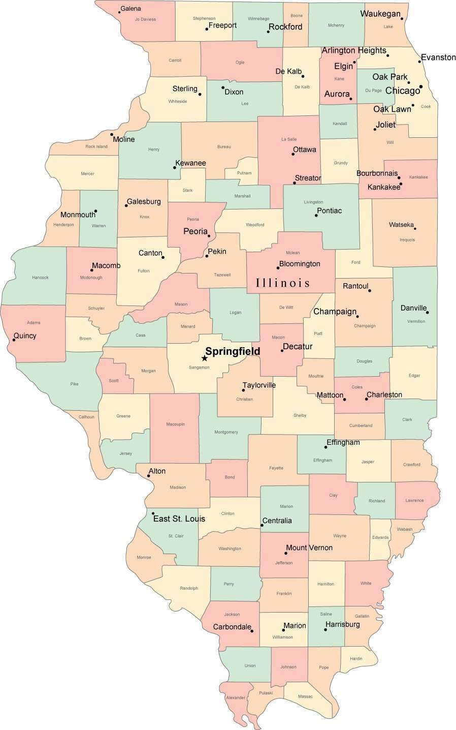 Multi Color Illinois Map With Counties Capitals And Major Cities Multi Color Illinois Map With Counties Capitals And Major Cities
