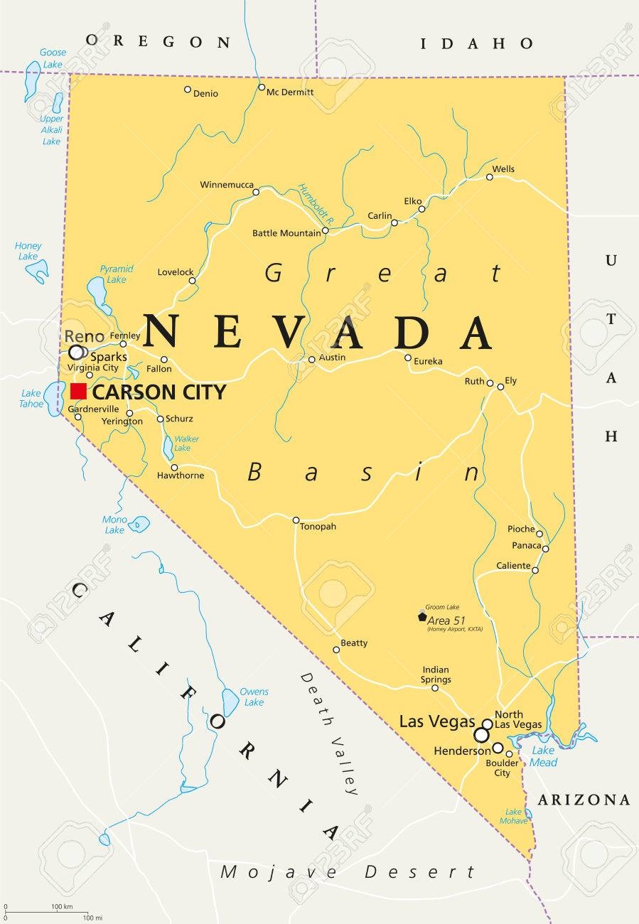 Nevada Political Map With Capital Carson City State In The Western Mountain West And Southwestern Regions Of USA With Las Vegas Reno Lake Mead And Area 51 Illustration English Labeling Vector Royalty Nevada Political Map With Capital Carson City State In The Western Mountain West And Southwestern Regions Of USA With Las Vegas Reno Lake Mead And Area 51 Illustration English Labeling Vector Royalty