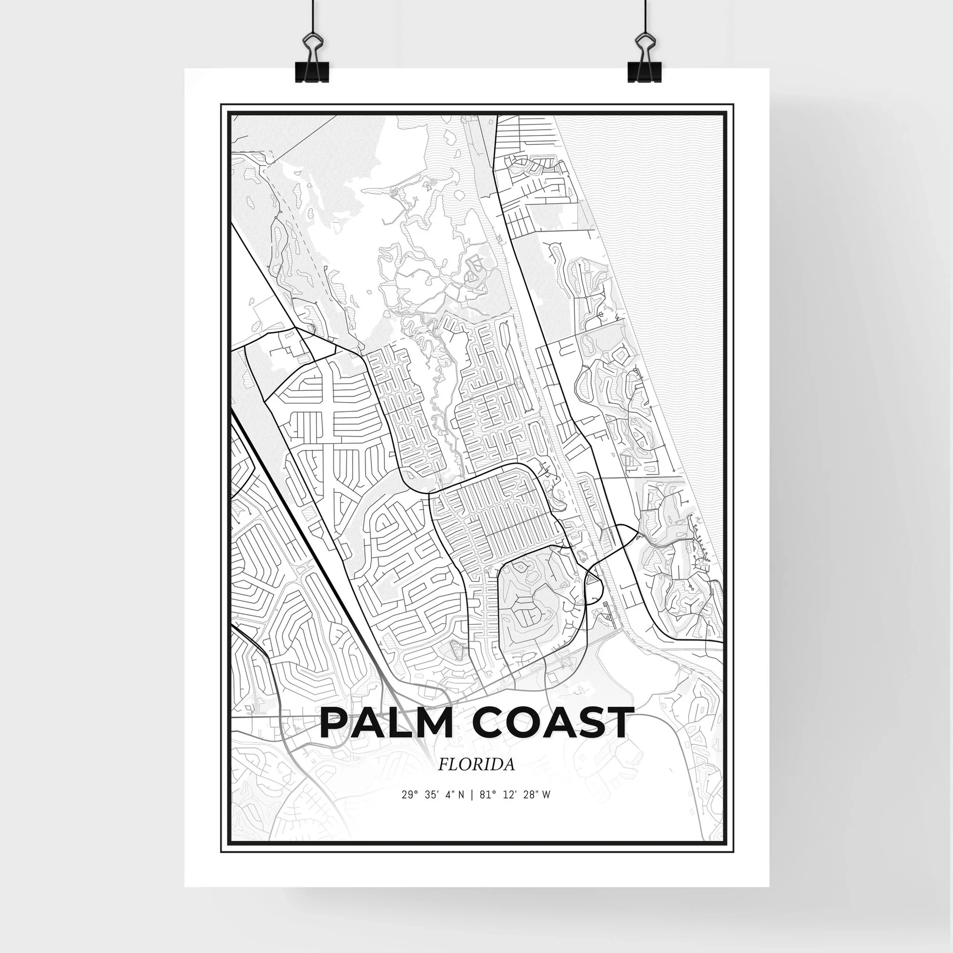 Palm Coast Florida Map Black And White Art Print HEBSTREIT