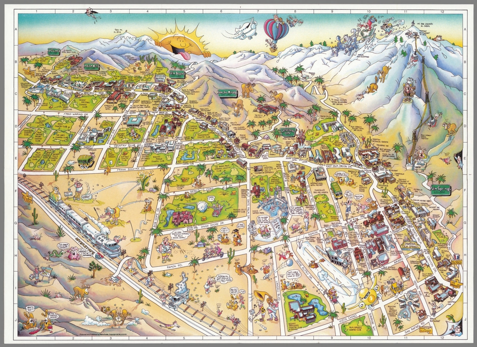 Palm Springs Palm Desert Visitor s Map Featuring Golf Courses Hotles Resorts Points Of Interest Restaurants Shopping Places Movie Theaters Produced And Published By MetroGuide Copyright MCMLXXXVIII 1988 Cartoons By Michael O Smith USA Map