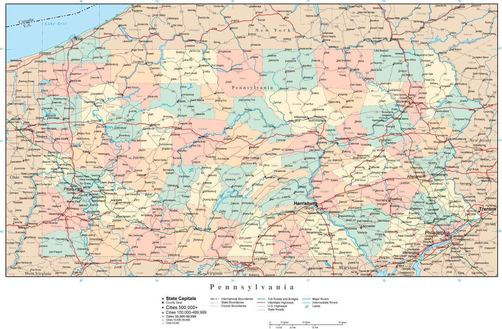 Pennsylvania Adobe Illustrator Map With Counties Cities County Seats Major Roads