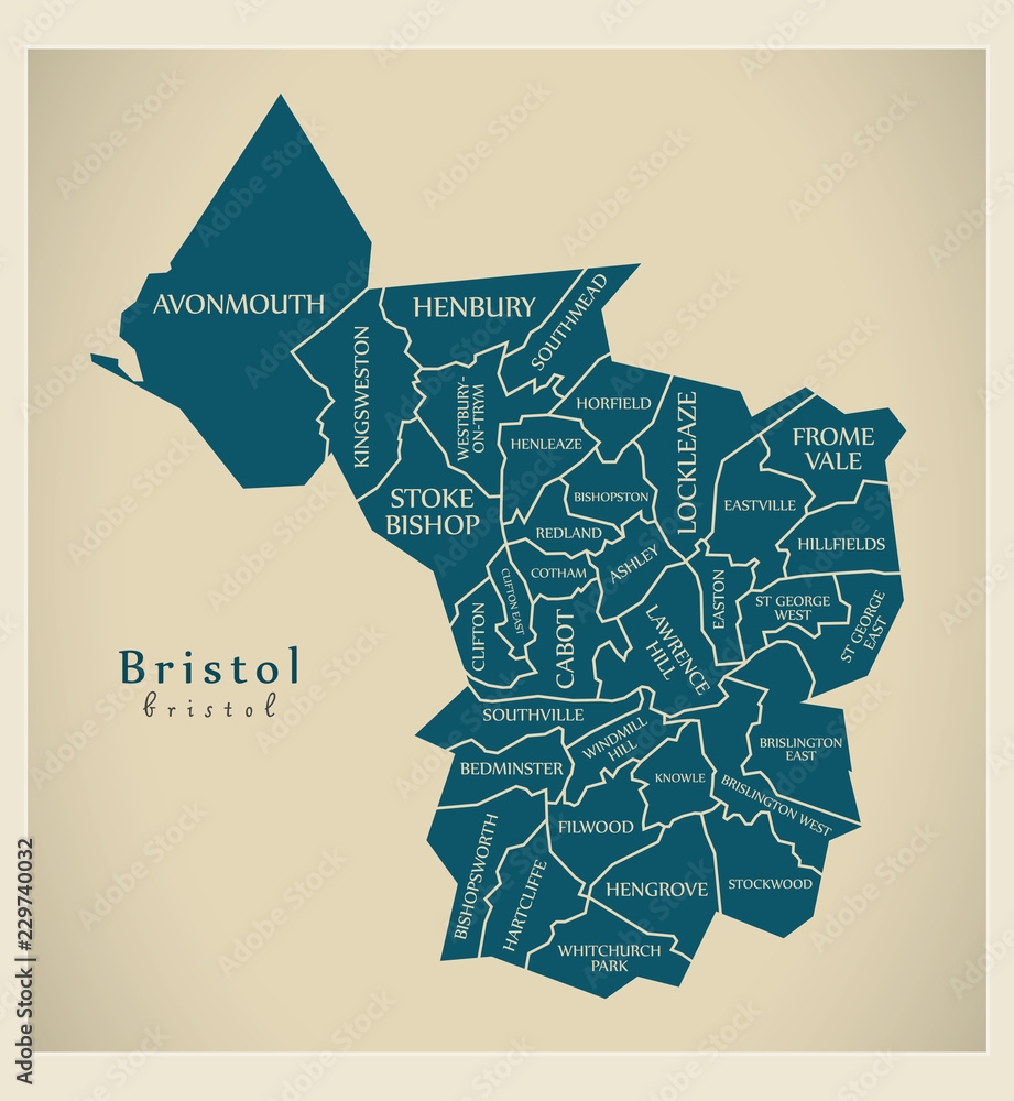 Poster Modern City Map Bristol City Of England With Wards And Titles UK Wall Art UkPosters