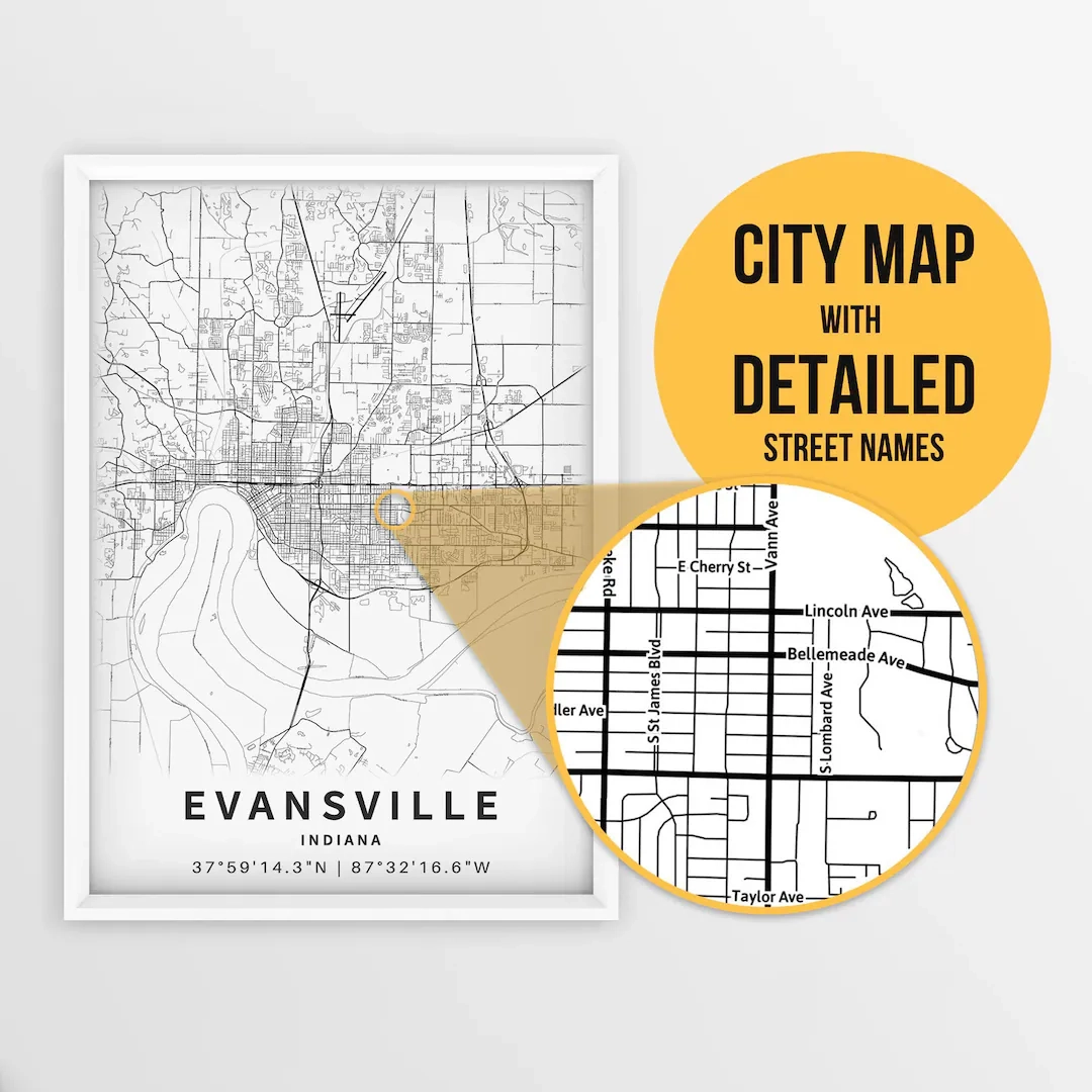 Printable Map Of Evansville Indiana USA With Street Names Instant Download City Map Travel Gift City Poster Road Map Print Etsy