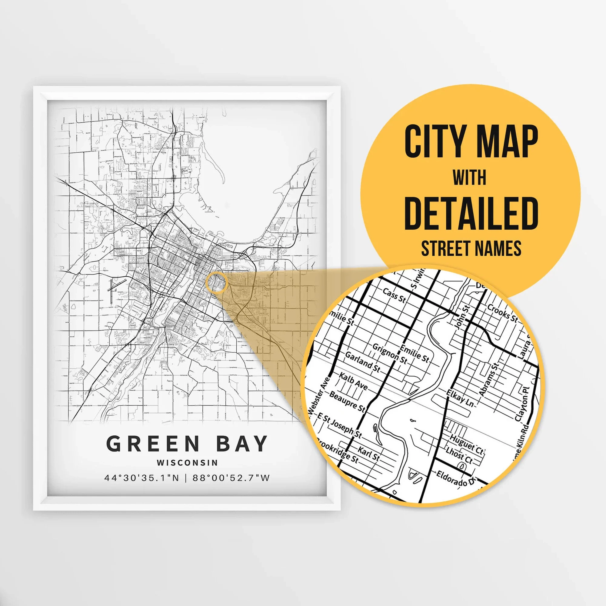 Printable Map Of Green Bay Wisconsin USA With Street Names Instant Download City Map Travel Gift City Poster Road Map Print Etsy New Zealand