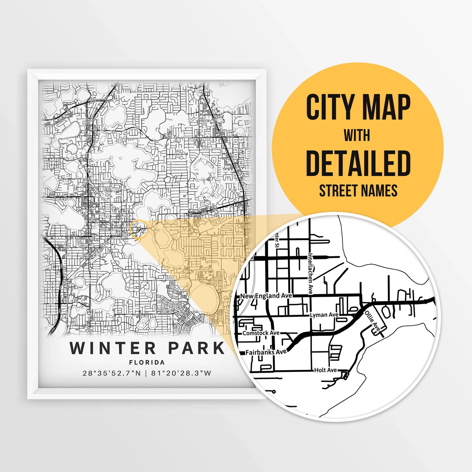 Printable Map Of Winter Park Florida USA With Street Names Instant Download City Map Travel Gift City Poster Road Map Print Etsy