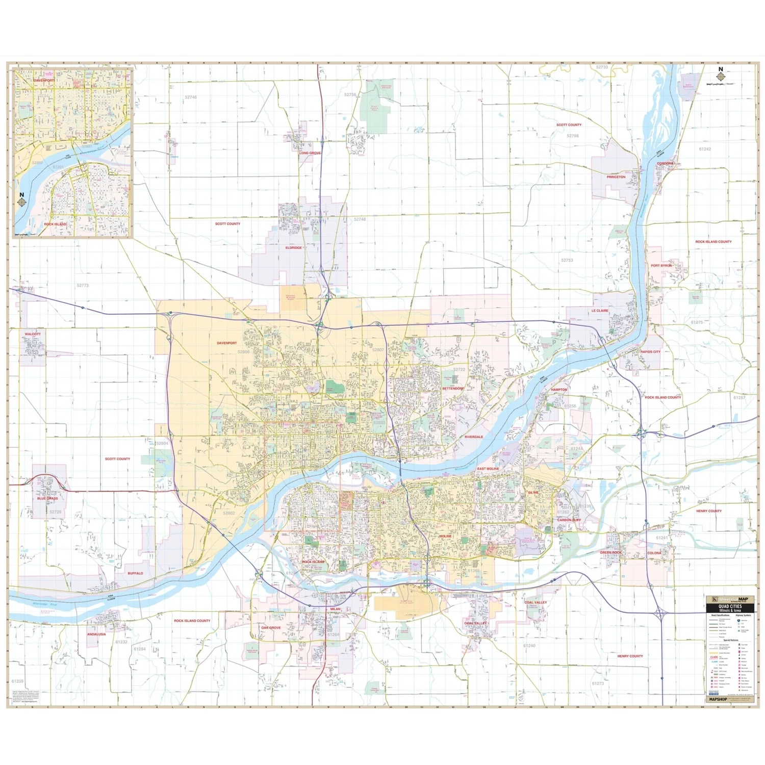 Quad Cities IA Wall Map Shop City County Maps Ultimate Globes