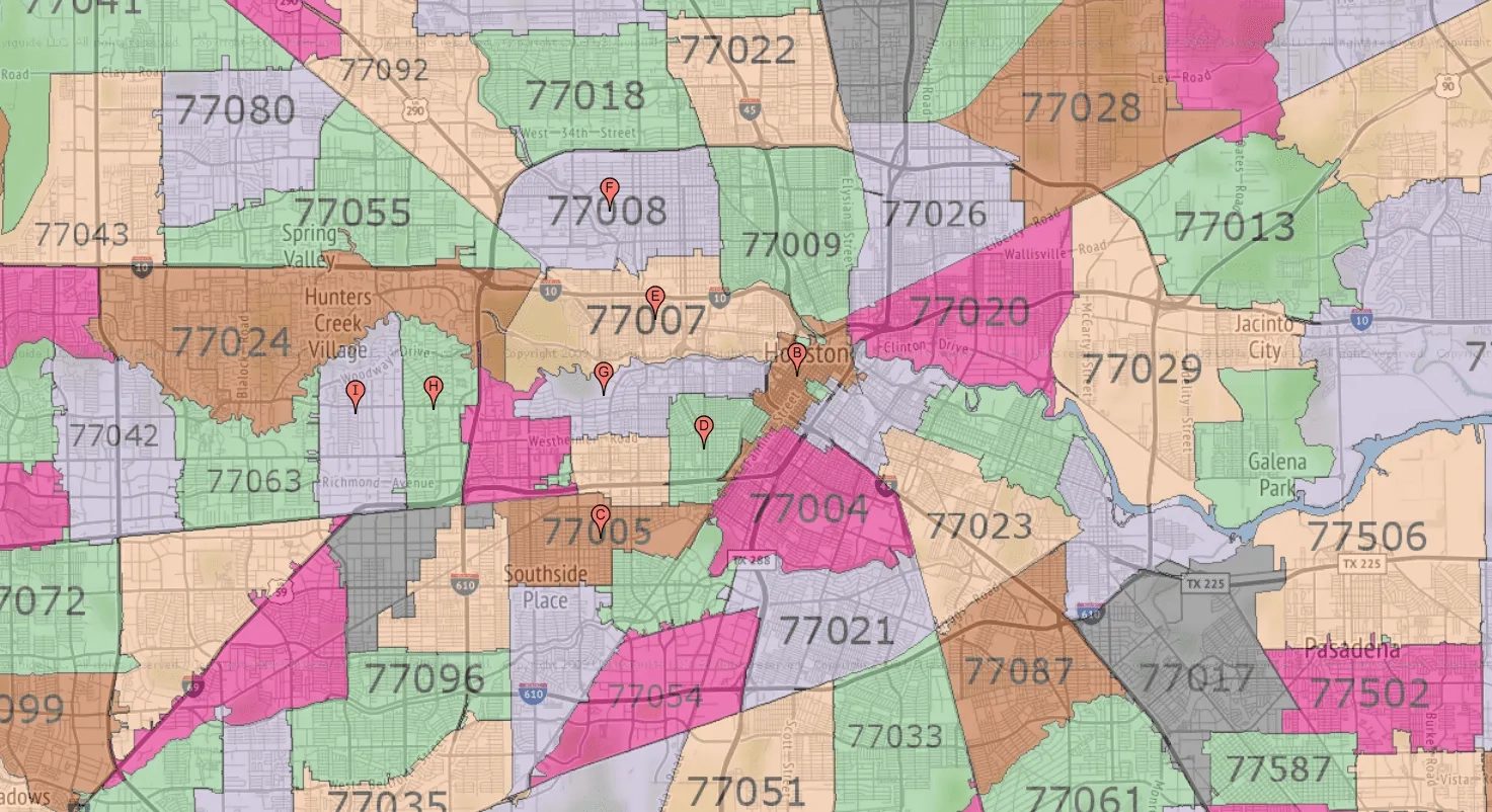 houston city zip code map